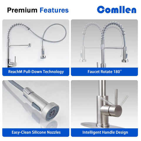 Rock Solid Brushed Nickel Kitchen Faucet With Pull Down Sprayer And 18.5 Inch High Arc Spout, showcasing premium features like ReachM technology.