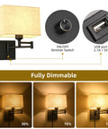 Cozy 9.5 Inch Wall Lamp With USB Port Dimmer Swing Arm Plug In Cord Beige Fabric Shade Ideal For Bedroom Living Room Office Hallway Warm Glow And Modern Convenience, showing dimmable settings and USB port.