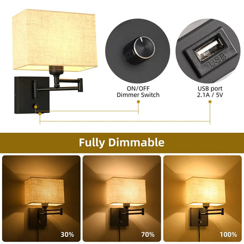 Cozy 9.5 Inch Wall Lamp With USB Port Dimmer Swing Arm Plug In Cord Beige Fabric Shade Ideal For Bedroom Living Room Office Hallway Warm Glow And Modern Convenience, showing dimmable settings and USB port.