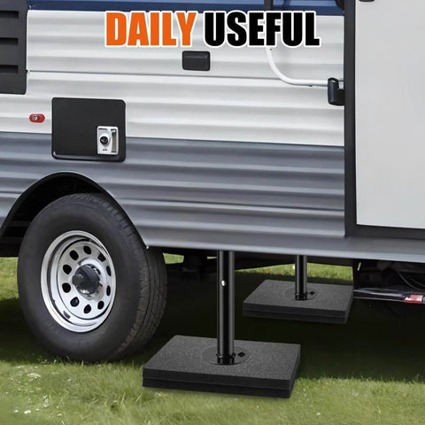 Universal Twelve Inch RV Stabilizer Jack Pads Rubber Non Slip Flex Blocks For Campers And Travel Trailers installed under RV