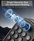 Next Level Wifi Smart Lock With Hd Camera And Video Doorbell showing keypad and lens for on-demand viewing feature.