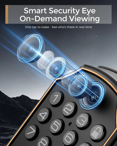 Next Level Wifi Smart Lock With Hd Camera And Video Doorbell showing keypad and lens for on-demand viewing feature.