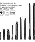 9 Piece Socket Extension Bar Set with Chrome Vanadium Steel and Black Phosphate Finish shown in various sizes