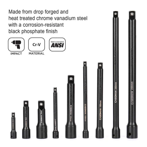 9 Piece Socket Extension Bar Set with Chrome Vanadium Steel and Black Phosphate Finish shown in various sizes