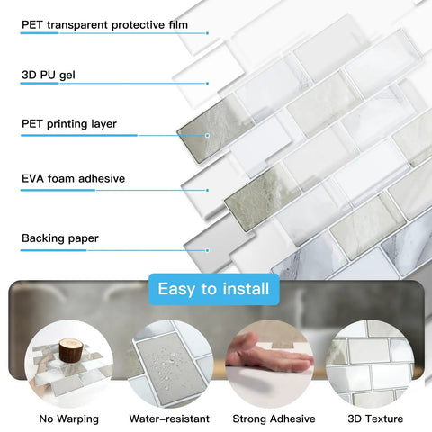 Diagram of Thickened Marble Kitchen Backsplash Peel And Stick Tiles 12x12 Inch construction layers with adhesive and texture details.