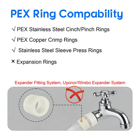 Diagram of PEX ring compatibility showing stainless steel rings and tap with caution on expansion rings use