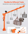 VEVOR 1100 Lb Electric Truck Crane For Pickup Bed With Foldable Telescopic Boom And 360 Rotation showing adjustable boom lengths and load capacities.