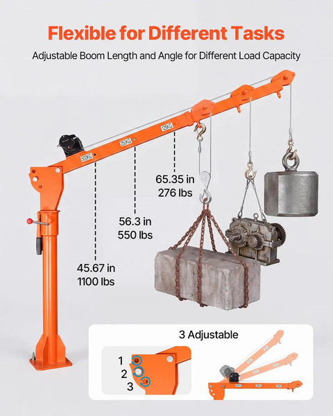 VEVOR 1100 Lb Electric Truck Crane For Pickup Bed With Foldable Telescopic Boom And 360 Rotation showing adjustable boom lengths and load capacities.