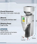 No Sweat Precision Granule Filling Machine With Heavy Duty Stainless Steel Build, dimensions 50x11.81x18.9 inches, digital weigh dispenser.