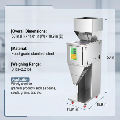 No Sweat Precision Granule Filling Machine With Heavy Duty Stainless Steel Build, dimensions 50x11.81x18.9 inches, digital weigh dispenser.