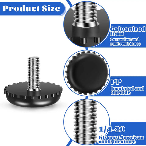 15 Pack 1/4 20 Adjustable Furniture Levelers Built From Heavy Duty Stainless Steel Screw In Feet showing size and materials for leveling furniture.