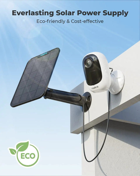 Solar Wireless Security Camera For Home 2K Clarity mounted with solar panel, rechargeable battery powered, weatherproof design