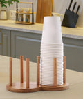 Freestanding Cup Dispenser And Storage Rack With 6 Hooks Wooden Frame And Gold Tone Wire Portable Table Cup Holder For Office Or Home