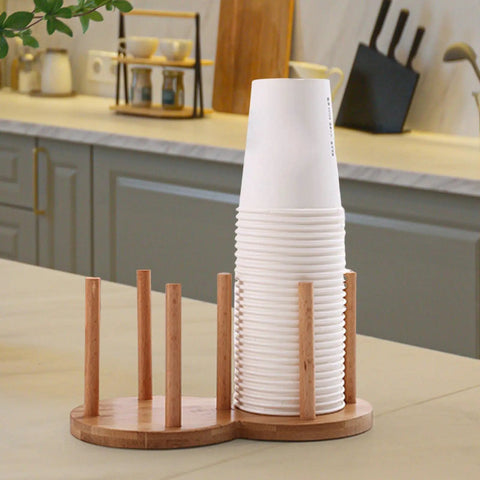 Freestanding Cup Dispenser And Storage Rack With 6 Hooks Wooden Frame And Gold Tone Wire Portable Table Cup Holder For Office Or Home