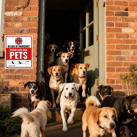 Dogs exiting a house with a Pet Safety Alert Fire Rescue Stickers 20 Pack Four By Four Point Seven Inch Emergency Vinyl Door Window Sign visible