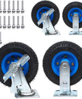 Set Of Four Built Tough 10 Inch Pneumatic Caster Wheels With Swivel Top Plate And Side Brakes Silent Rubber Industrial Casters viewed from various angles with bolts.