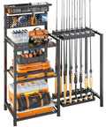 Freestanding Fishing Rod Rack With 3 Tier Shelves And Pegboard Basket Heavy Duty Pole Holders For Garage Holds Up To 12 Rods Scratch Resistant Slots Black
