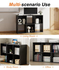 Six Cube Storage Organizer With Open Cubes And Removable Back Panels, Display Bookcase For Living Room, Bedroom, Entryway, Or Home Office In Deep Black, Measuring 36 Inches Long, 11.6 Inches Wide, 24 Inches High used in living room, study, and office.
