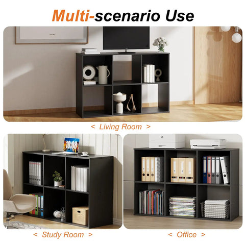 Six Cube Storage Organizer With Open Cubes And Removable Back Panels, Display Bookcase For Living Room, Bedroom, Entryway, Or Home Office In Deep Black, Measuring 36 Inches Long, 11.6 Inches Wide, 24 Inches High used in living room, study, and office.