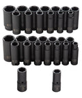 Beefy Half Inch Drive Impact Socket Set With Double Deep Sockets And Bonus Flip Sockets, 29 Piece SAE and Metric displayed in rows
