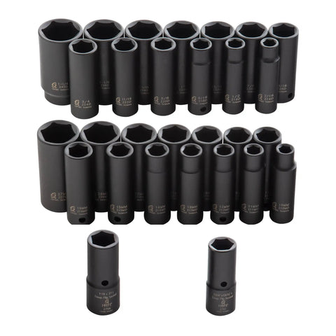 Beefy Half Inch Drive Impact Socket Set With Double Deep Sockets And Bonus Flip Sockets, 29 Piece SAE and Metric displayed in rows