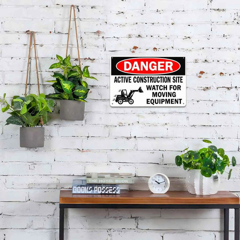 Heads Up Construction Site Sign Aluminum 8x12 Inch Watch For Moving Equipment Warning Sign on brick wall