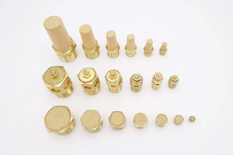 Pneumatic Air Muffler Silencer Set Pack Of Five With Beefy Brass And Sintered Bronze Build One Eighth Inch NPT Threads in various sizes