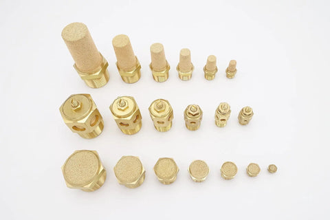 Pack Of Four Pneumatic Air Mufflers Silencers Brass And Sintered Bronze Exhaust Mufflers With Quarter Inch NPT Threads Display