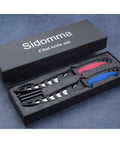 Pro Two Piece Fillet Knife Set For Fishing, 6.5 Inch Filleting Knives with color grips in black presentation box on blue surface.