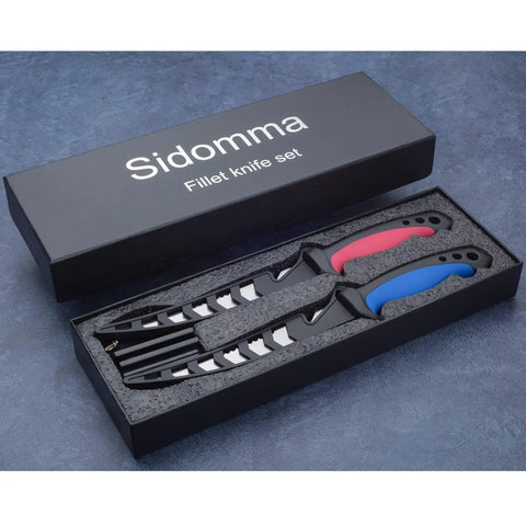 Pro Two Piece Fillet Knife Set For Fishing, 6.5 Inch Filleting Knives with color grips in black presentation box on blue surface.