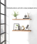 Set Of Six Premium Solid Wood Floating Wall Shelves Light Brown Oak Style Real Timber Grain Decor For Bedroom Living Room displaying plants and decor.