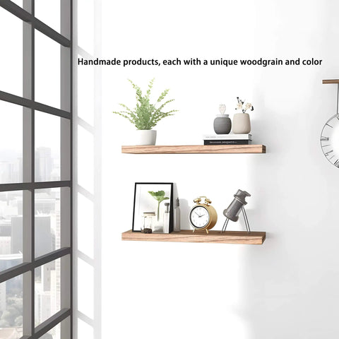 Set Of Six Premium Solid Wood Floating Wall Shelves Light Brown Oak Style Real Timber Grain Decor For Bedroom Living Room displaying plants and decor.