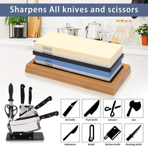 Pro Grade Whetstone Knife Sharpening Set with Grit 400 1000 3000 8000 on Bamboo Base in Kitchen
