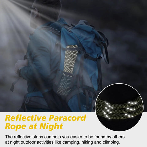 Reflective Paracord 1000Lb Heavy Duty 4Mm 13 Strand Parachute Cord shown on backpack at night, enhancing visibility.