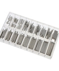 Stainless Steel Watch Link Pins Kit With Storage Box, 180 Pieces, 18 Sizes, 1.8mm And 0.9mm Spring Pins For Metal Links, Replacement Tool Set For Watchmakers And DIY Repair Pros. Clear box with assorted stainless steel watch link pins