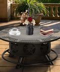 42 Inch 3 In 1 Fire Pit With Two Grills Lid And Tabletop heavy duty outdoor wood burning fire pit with vase and books on tabletop