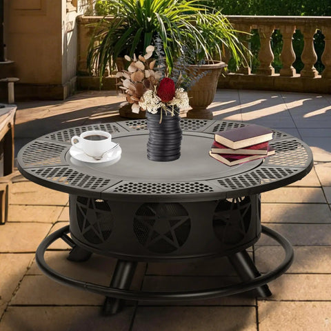 42 Inch 3 In 1 Fire Pit With Two Grills Lid And Tabletop heavy duty outdoor wood burning fire pit with vase and books on tabletop