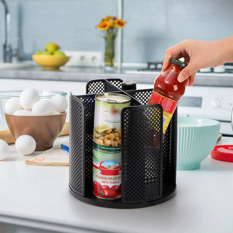 Two Pack Rotating Cup Dispenser With Four Compartments For Cups And Lids in black, used as kitchen countertop organizer with cans.