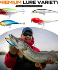 Angler holding large fish with lures, part of All In One Fishing Backpack Kit With 139 Lures Tackle Boxes Pliers Scissors And Gear.