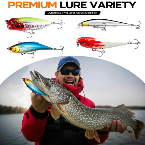 Angler holding large fish with lures, part of All In One Fishing Backpack Kit With 139 Lures Tackle Boxes Pliers Scissors And Gear.