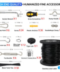 Components of Heavy Duty Outdoor String Light Hanging Kit with 246ft Black Vinyl Coated 304 Stainless Steel Cable and Accessories