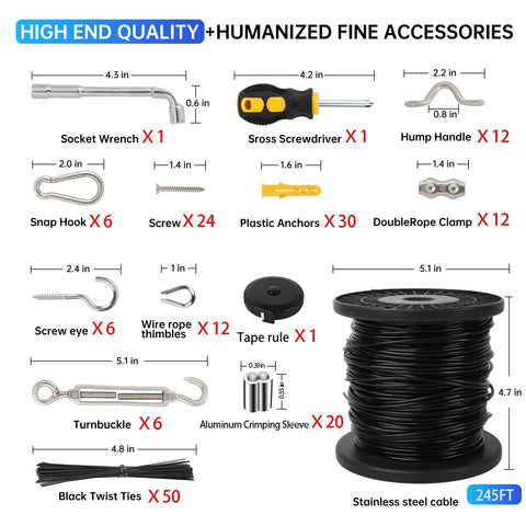 Components of Heavy Duty Outdoor String Light Hanging Kit with 246ft Black Vinyl Coated 304 Stainless Steel Cable and Accessories