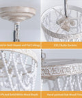 Top view of Three Light Wood Bead Pendant Light with boho pattern ring, oak finish, and E12 sockets for farmhouse décor.