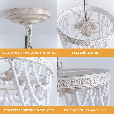 Top view of Three Light Wood Bead Pendant Light with boho pattern ring, oak finish, and E12 sockets for farmhouse décor.