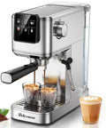 Heavy Hitter 20 Bar Espresso Machine Featuring A Sleek Beige Finish Built In Frother For Silky Lattes Quick Cold Brew Option And Zero Hassle Daily Grind Routine brewing espresso pods with two glasses.