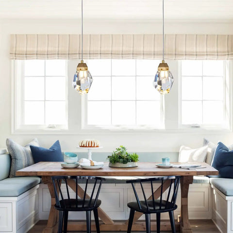 Dining area with two 1 Light Diamond Crystal Pendant Light Dope Glow Mini Ceiling Hanging Fixture in Gold Brushed Brass Finish