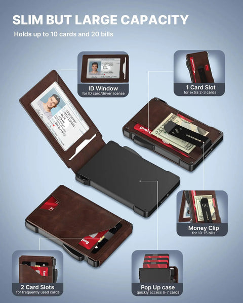 Slim RFID Blocking Leather Tactical Wallet For Men With Pop Up Card Case And Front Pocket Money Clip, ID Window, open view