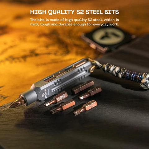 EDC Magnetic Mini Screwdriver Set With 10 S2 Steel Bits And Portable Aluminum Handle shown on a dark surface