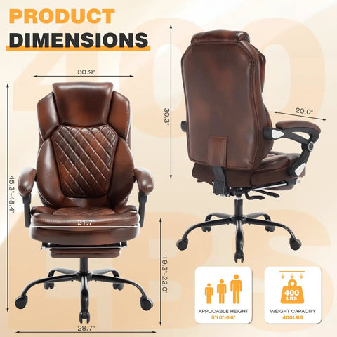 Big And Tall Heavy Duty Reclining Office Chair With Footrest 400 Lb Capacity Brown Leather Executive Desk Chair dimensions