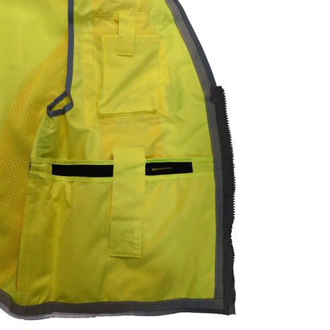 Heavy Duty Hi Vis Safety Vest With 3M Reflective Tape Class 2 Engineer Workwear Built Tough For The Daily Grind interior showing roomy flap pockets in vibrant yellow.